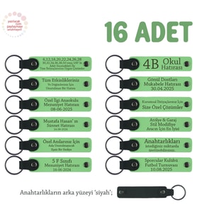 Anaokulu Yıl Sonu Hediyesi, 16'lı Set, Öğrenci İsmi Yazılı Öğretmene Özel Anahtarlık, F Yeşil & Syh (Fıstık Yeşili)