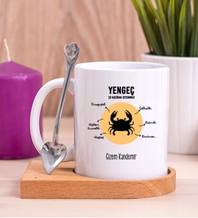Kişiye Özel Yengeç Burcuna Hediye Ahşap Altlıklı Beyaz Kupa Bardak
