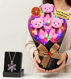 Doğum Günü Hediyesi Kişiye Özel Renkli LED Işıklı Peluş Ayıcık Buketi (Pembe) ve Gerçek Ametist Taşlı Lotus Kolye