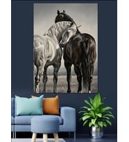 Doğada Yan Yana Duran Üç At Dekoratif Kanvas - Mdf Ahşap Tablo