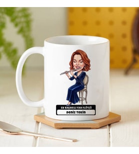 En Başarılı Flütçü Müzisyen Kadın Karikatürlü Kupa Bardak