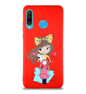 Huawei P30 Lite Soft Premier Kapak Vespagirl Tasarımlı Silikon Kılıf - Kırmızı (Şeffaf)