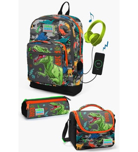Coral High Kids Siyah Gri Dinozor Desenli USB'li 3’lü Okul Çanta Seti - Erkek Çocuk