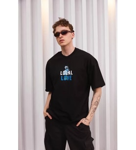 pilelistore- Unisex Bisiklet Yaka Baskılı Oversize T-Shirt - Siyah