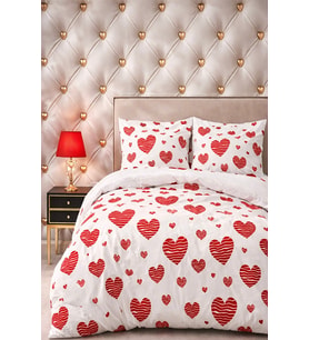 More Home Tek  Kişilik Yorgan Kılıfı + Yastık Kılıfı  Kalp Desenli Beyaz Kırmızı