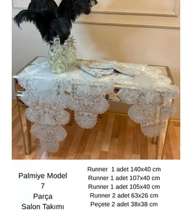 Salon Takımı 5 Parça Keten Masa Örtüsü Runner Seti Çeyizlik Palmiye Model No 1482 Gri