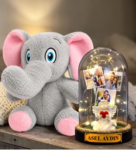Kişiye Özel 3 Fotoğraflı Yazılı LED Işıklı Fanus ve Sevimli Peluş Fil Hediye Seti (beyaz melekli)