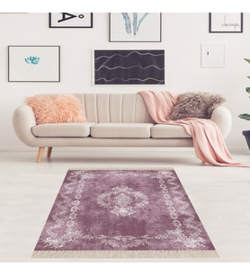 Osmanlı Desen Çerçeveli Dijital Baskı Yıkanabilir Kaymaz Taban Klasik Salon Halısı ve Yolluk (Lila) (Gül Kurusu)