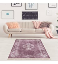 Osmanlı Desen Çerçeveli Dijital Baskı Yıkanabilir Kaymaz Taban Klasik Salon Halısı ve Yolluk (Lila) (Gül Kurusu)