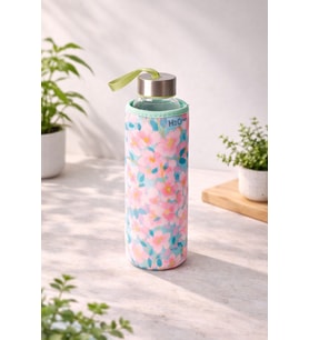 Mavi Gül Desenli Kılıflı Cam Matara Su Şişesi 500 ml