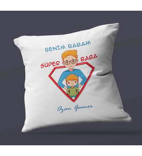 Kişiye Özel Benim Babam Süper Baba Tasarımlı Saten Kare Yastık (Beyaz)