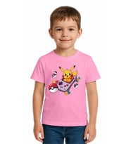 Unisex Pikaçu Baskılı Çocuk Tişört pamuklu penye kumaş (Pembe)