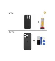 iPhone 14 Pro Siyah Arka Kapak Arka Cam Batarya Kapağı Lazer Kesim Kapak Pil Kapağı + B-7000 Yapıştırıcı + Tamir Seti