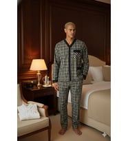 Yeni Sezon V.Yaka Lüx Tasarım Kareli Pijama Takımı (Haki)