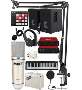 Midex İmpressive Paket-5 Stüdyo Ekipmanları Seti (Monitör Mikrofon Ses Kartı Kulaklık Midi Klavye Pad Controller)