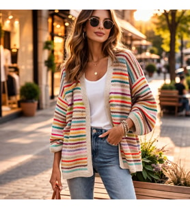 ChicLookDesign El Örgüsü Renkli Çizgili Oversize Coton Hırka