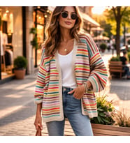 ChicLookDesign El Örgüsü Renkli Çizgili Oversize Coton Hırka (Çizgili Krem)