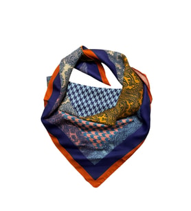 Turuncu Lacivert Patchwork Desenli İpeksi Fular