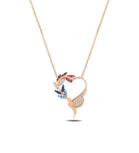 Zirkon Taşlı Rose Kalpli Kuş Model Kadın Gümüş Kolye Gklklplksm1-ros