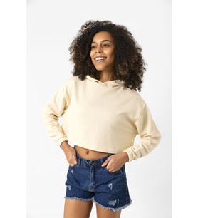 Basic Bej Kapüşonlu Crop Sweatshirt