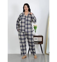 Kadın Büyük Beden Pamuklu Cepli Düğmeli Lacivert Pijama Takım