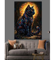 Vitray Işıklı Kara Kedi Dekoratif Kanvas - Mdf Ahşap Tablo