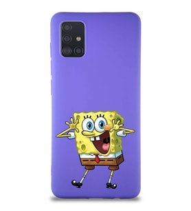 Samsung Galaxy M31S Soft Premier Kapak Sünger Bob Tasarımlı Silikon Kılıf - Mor (Şeffaf)