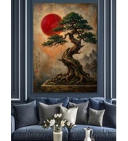 Gün Batımında Bonsai Ağacı Sanatı Dekoratif Kanvas - Mdf Ahşap Tablo