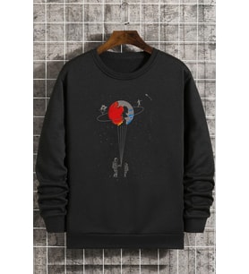 Unisex Evren Temalı Bisiklet Yaka Sweatshirt (Siyah)