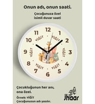 İsme Özel Sevimli Hayvanlar Çocuk Odası Duvar Saati Orta Boy 30 cm Beyaz Camlı Sessiz
