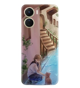 Vivo Y16 Kılıf Resimli Desenli Silikon Platinium Series Cat And Girl 1808