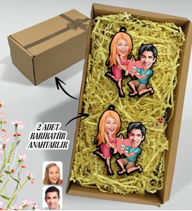 BK Gift Hediye Kutulu Kişiye Özel Sevgililer Karikatürlü Ahşap 2'li Ahşap Anahtarlık-19