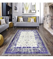Mor Çerçeveli Çiçek Desenli Yıkanabilir Kaymaz Taban Leke Tutmaz Modern Salon Halısı ve Yolluk
