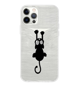 Apple iPhone 12 Pro Uyumlu Kapak Çizgi Kedi Tasarımlı Şeffaf Silikon Kılıf