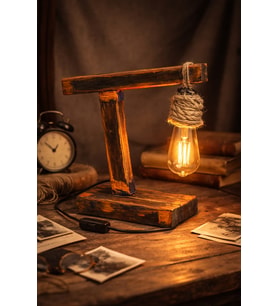 WoodyLight Rustik El Yapımı Masif Ahşap Masa Lambası - Retro Edison Tasarım Dekoratif Gece Lambası