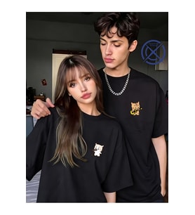 Sevgili Kombin Tişörtü Müzik Yapan Kedi Baskılı Unisex Oversize %100 Pamuk Çift Tişörtü