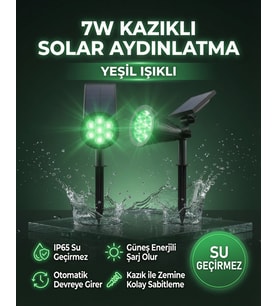 7W Kazıklı Solar Bahçe Aydınlatması Yeşil Işıklı IP65 Su Geçirmez Güneş Enerjili Çim Lambası O
