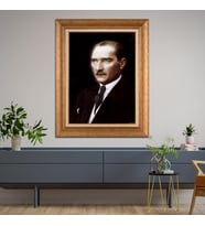 Altın Varaklı Çerçeveli Paspartulu Atatürk Tablo TR1099 (Gold)