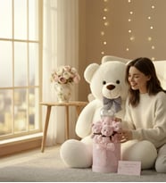 Premium 90 cm Peluş Ayı ve Silindir Pembe Kalpli Kutuda, Kalpli Balonlu 6’lı Pembe Ayıcık Buketi (Beyaz)