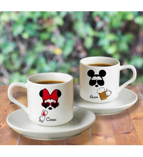 Mickey & Minnie Mouse Sevgili Çift Tasarımlı İkili Türk Kahvesi Fincanı Kişiye Özel