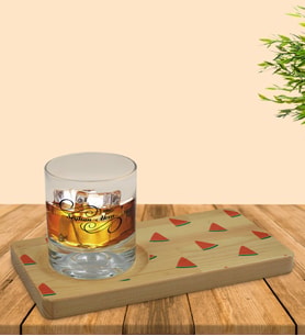 BK Gift Kişiye Özel Karpuz Tasarımlı Doğal Ahşap Tabaklı Viski Bardağı Sunum Seti Model 1