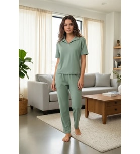 Özel Tasarım Kadın Yeşil Polo Yaka Pijama Takımı %100 Pamuk