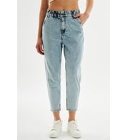 Explode - Kadın Beli Lastikli Mom Fit Jean Pantolon Açık Mavi