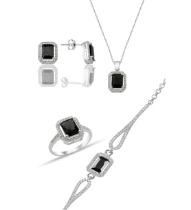 Gümüş Baget Set ve Bileklik Siyah Taşlı