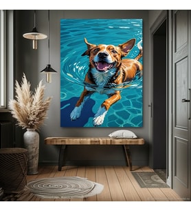 HAVUZDA YÜZEN KÖPEK KANVAS TABLO EV DUVAR SALON OFİS DÜKKAN HEDİYELİK DEKARASYON SÜSÜ (Çok Renkli)