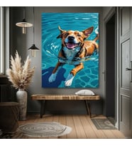 HAVUZDA YÜZEN KÖPEK KANVAS TABLO EV DUVAR SALON OFİS DÜKKAN HEDİYELİK DEKARASYON SÜSÜ (Çok Renkli)