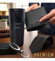 İsme Özel Premium Tasarım Erkek Hediye Seti - Çelik Termos,  Hakiki Deri Cüzdan, Anahtarlık , Kravat