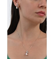 Gümüş rodyumlu zirkon taşlı kelebek modeli kolye ve küpeden oluşan ikili sallantılı incili set  SGTL13036RODAJ