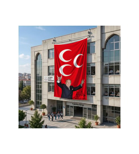 Kırmızı üç Hilal Önünde Alparslan Türkeş 140gr Premium Raşel Kumaş Bayrak 6x9 Metre