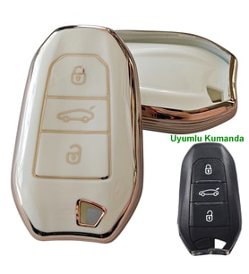 Proace Rifter Berlingo Combo DS Uyumlu Smart Kumanda Anahtar Kılıfı Oto Anahtarlık Beyaz Gold (Beyaz - Altın Rengi)